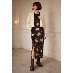 Vintage one two three Y2K Brown Velvet Floral Maxi Dress Monica Gellar Style USA